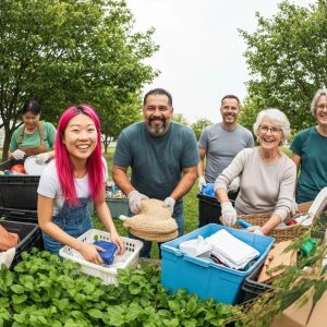 Community members engaging in eco-friendly junk removal, sorting items for donation and recycling