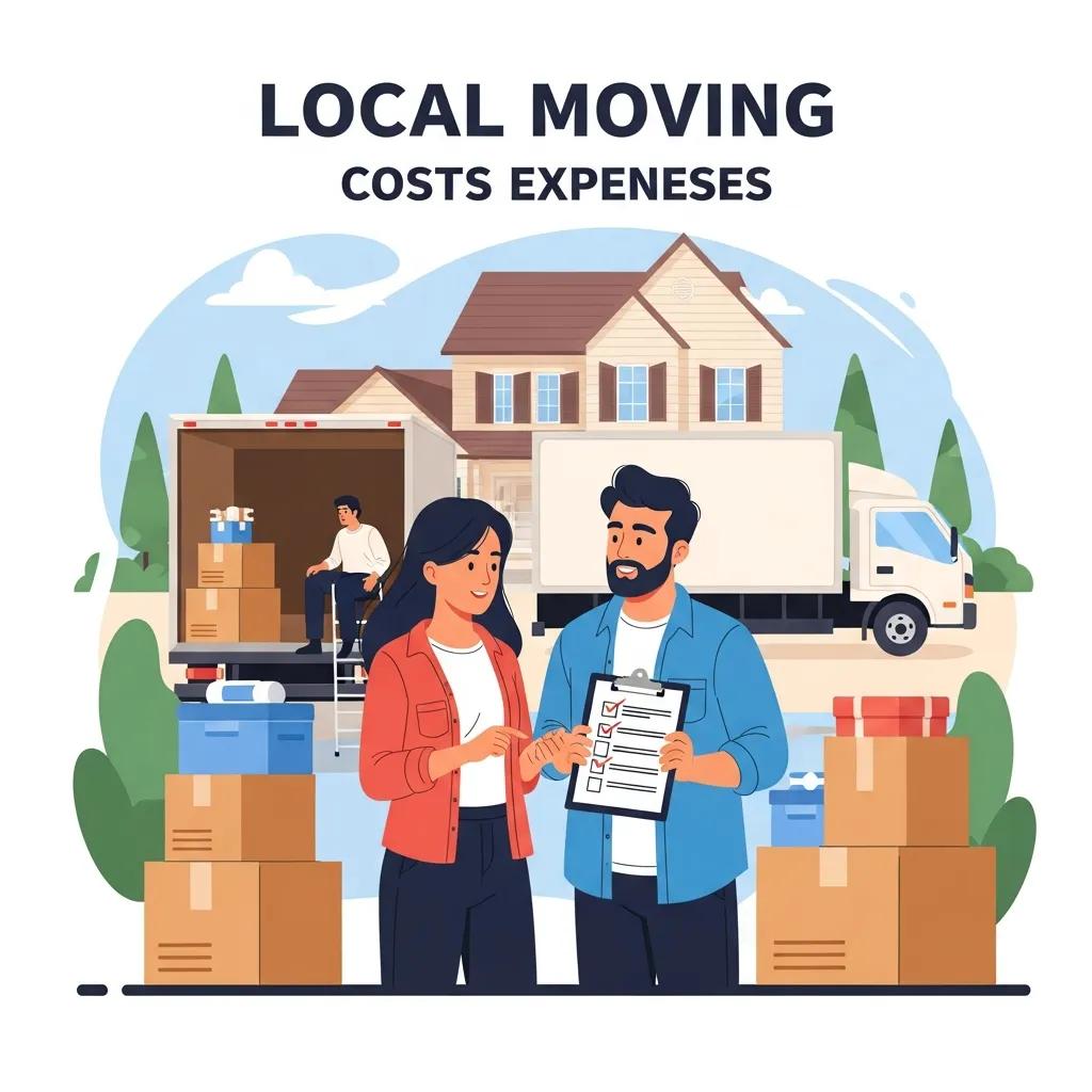 Couple discussing moving plans outside a suburban home, illustrating local moving costs and services