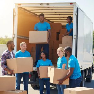 Diverse moving team loading boxes into a truck, representing affordable movers and budget-friendly relocation