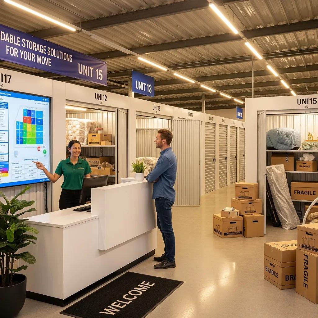 Friendly staff member assisting a customer in a well-organized storage facility, highlighting affordable storage solutions