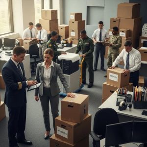 Government and military personnel coordinating an office relocation, emphasizing teamwork and efficiency