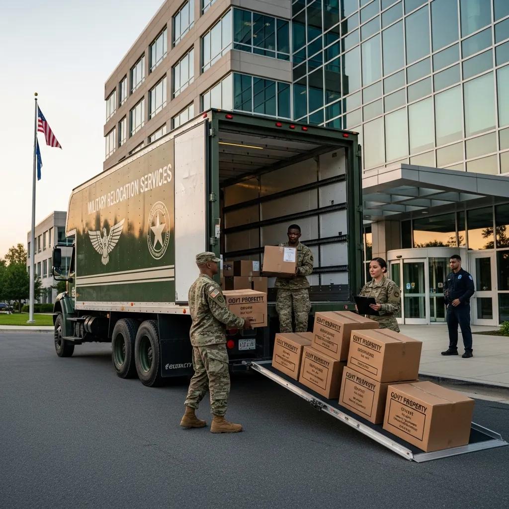 Military moving truck at a government office, highlighting specialized relocation services for military organizations