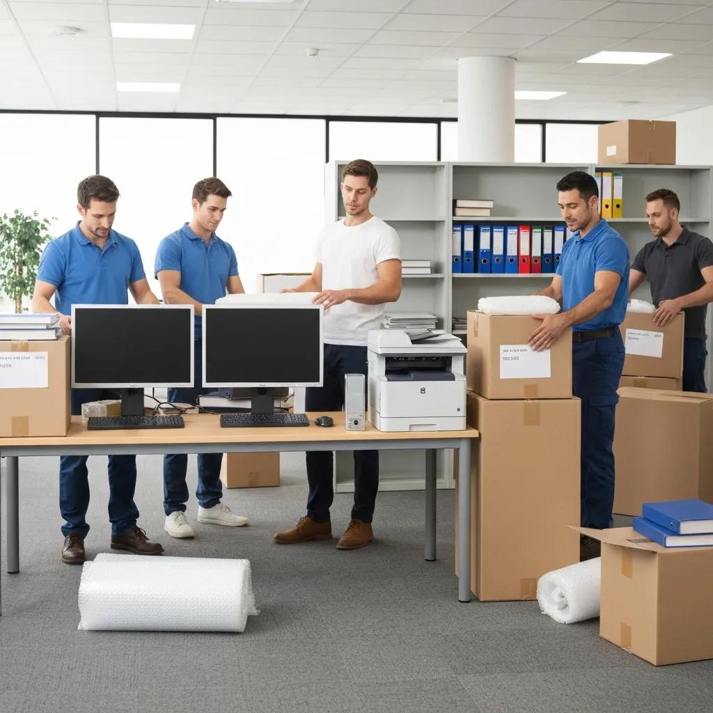 Professional movers packing office equipment carefully and securely for relocation