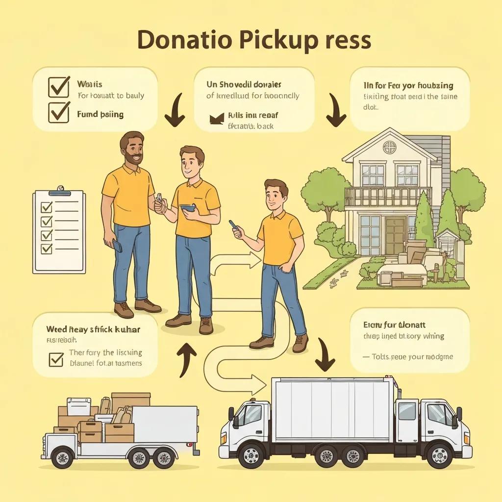 Step-by-step depiction of the donation pickup process with a junk removal crew and homeowner