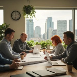 Team planning office relocation with blueprints and laptops in a modern workspace