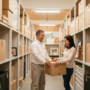 Climate-controlled storage facility with organized boxes and furniture, emphasizing security and preservation