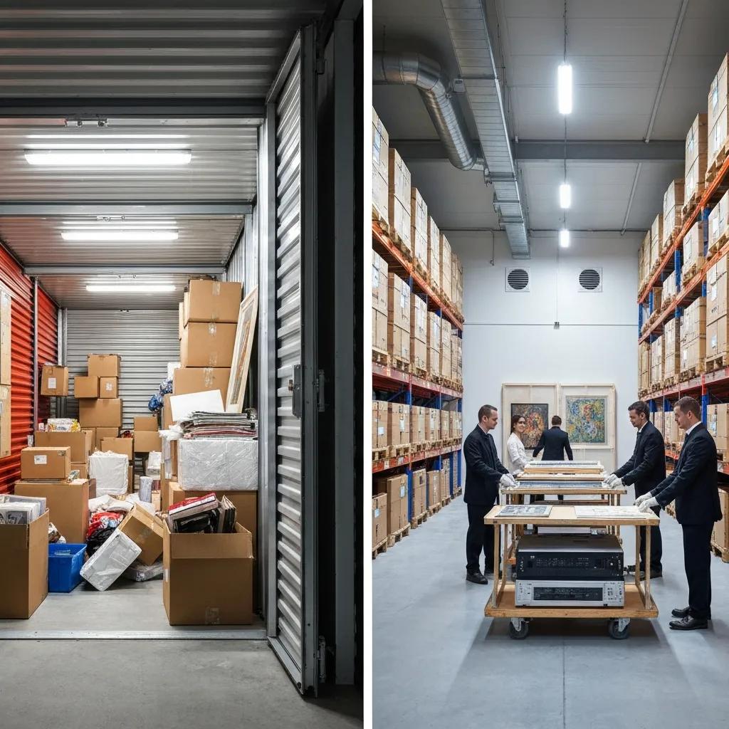 Comparison of self-storage unit and climate-controlled warehouse, showcasing accessibility and preservation differences