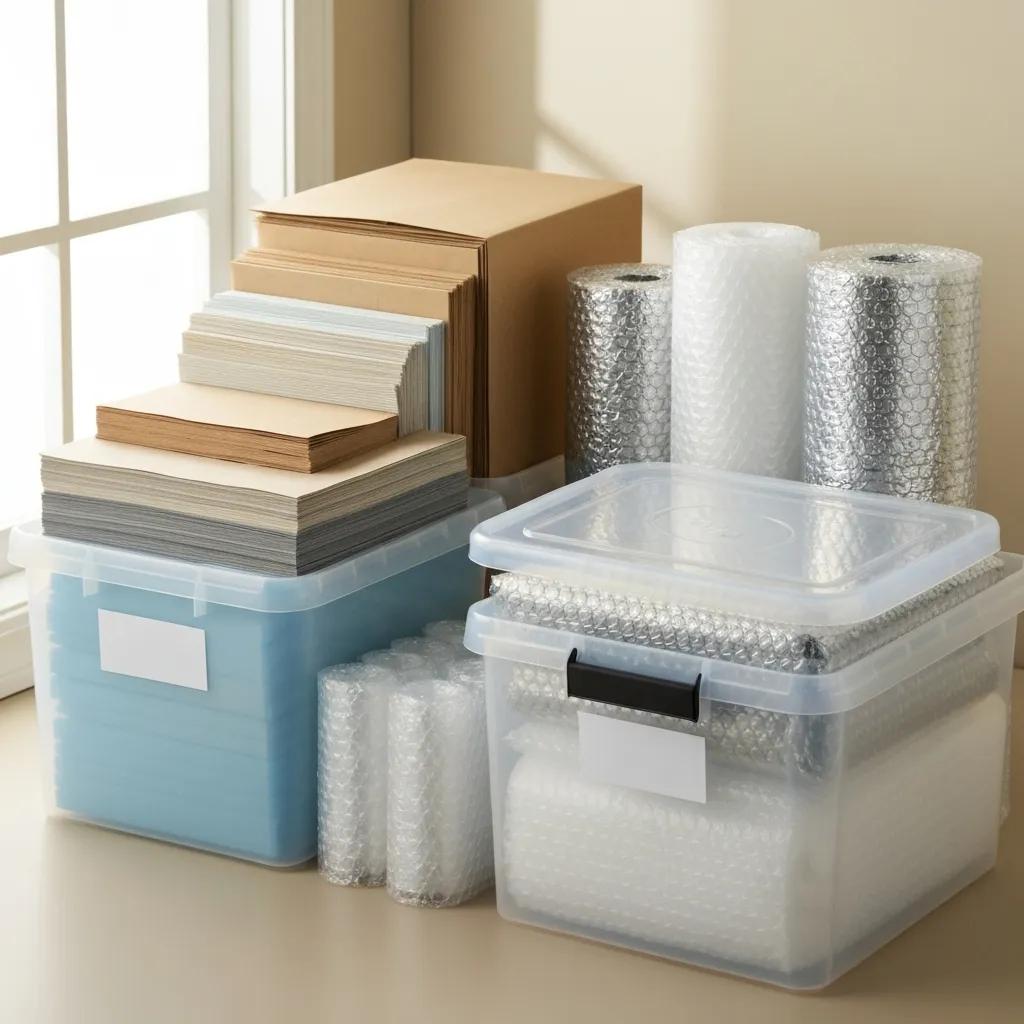 Selection of packing materials for long-term storage, including bubble wrap and acid-free paper, emphasizing preservation techniques